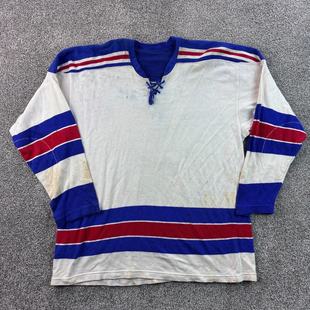 Vintage 60s Hockey Jersey Mens XL White Blue Red Knit Lace Up #9